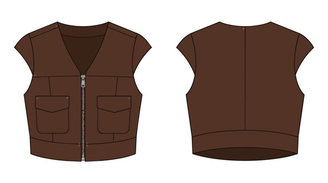 Brown Women's Cropped Utility Vest Technical Fashion Flat Sketch With Front Zipper And Pockets Front Back View