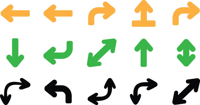 Set of directional arrow icons orange green black curved straight and angled vector.