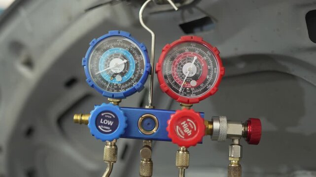 A manifold gauge hangs under an open car hood.