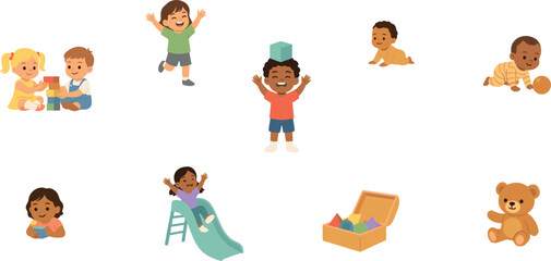 Fototapeta premium Cute Happy Toddlers and Babies Playing in Daycare Center Vector Character Set with Toys, Slides, and Building Blocks