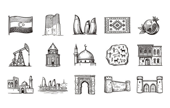 Azerbaijan culture and heritage vector illustration collection showcasing Baku landmarks architectural monuments traditional symbols and historical elements