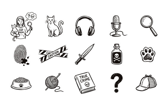 Cat mom true crime vector graphics featuring female detective characters and cute cats and audio headphones and vintage microphones and magnifying glasses