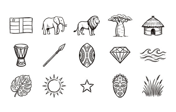 Central African Republic Independence Day vector graphics featuring national flags and African elephants and majestic lions and baobab trees and traditional huts