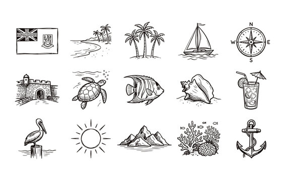 British Virgin Islands graphic set highlighting coastal pelicans and bright sun symbols and mountain landscapes and coral reefs and marine anchors