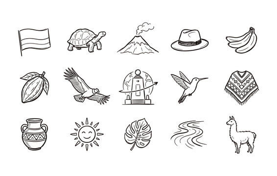 Ecuador culture and heritage vector illustration collection showcasing national symbols wildlife Andean mountains and historical icons