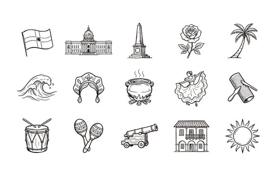 Dominican Republic Independence Day vector illustrations featuring national flags and government palaces and historic obelisks and blooming roses and palm trees