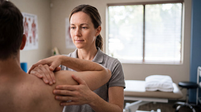 Physiotherapist demonstrating a shoulder alignment cue