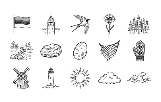 Estonia Restoration of Independence Day vector illustrations featuring national flags and medieval castle towers and barn swallow birds and cornflowers and pine forests