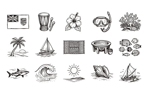 Fiji Independence Day vector illustrations featuring national flags and traditional wooden drums and tropical hibiscus flowers and snorkeling gear and coral reefs