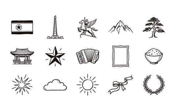 Hand-drawn North Korean heritage illustrations with architectural landmarks mountain peaks radiant stars and decorative ribbon elements
