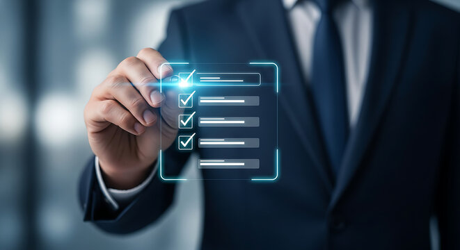 Businessman's hand marking items on a futuristic checklist interface