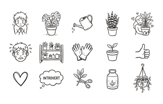 Houseplant care and indoor gardening icon collection showcasing botanical symbols nurturing tools plant growth and lifestyle elements