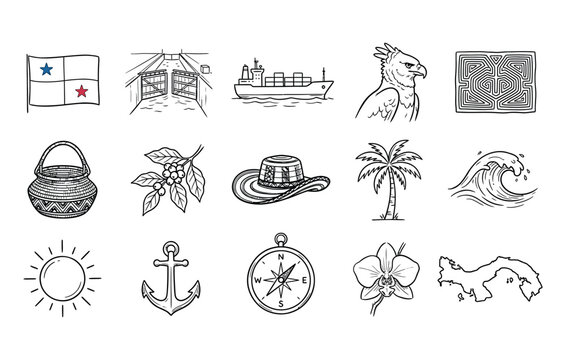 Panama culture and heritage vector illustration collection showcasing national symbols landmark elements tropical nature and historical icons