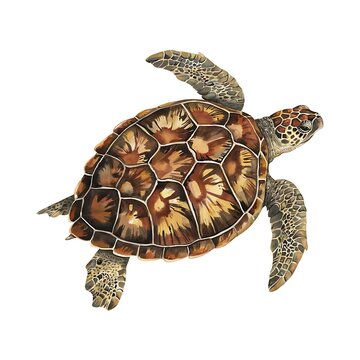Hawksbill sea turtle swimming. Marine reptile with patterned shell. Ocean life.