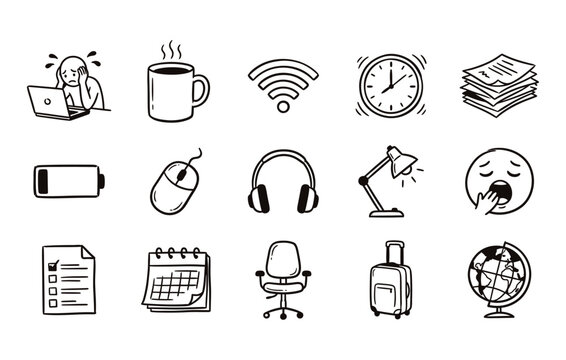 Workplace and office burnout vector illustration collection showcasing remote work struggles productivity tools workspace gear and fatigue elements