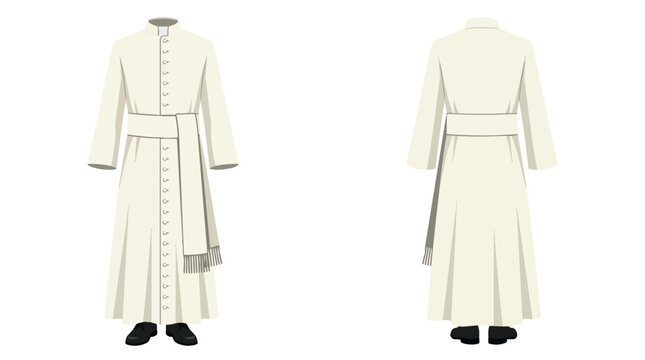 Formal White Clerical Cassock Robe and Soutane with Sash for Catholic Pope Front and Back View Illustration