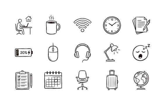 Work from home and telecommuting vector illustration collection showcasing remote lifestyle symbols productivity tools office gear and daily routine elements