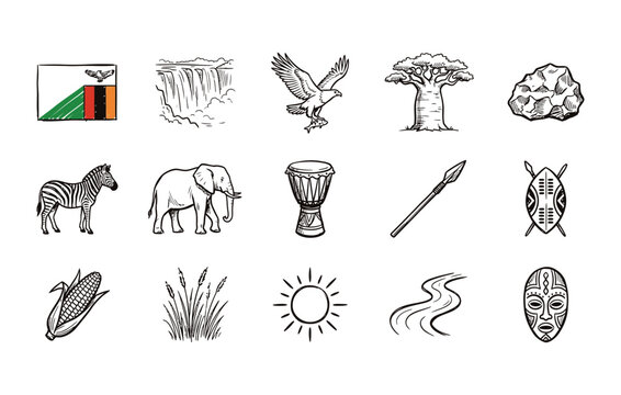 Zambia culture and heritage vector illustration collection showcasing national symbols wildlife African landscape and historical icons