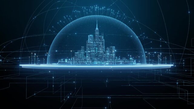 High tech urban architecture, 3D future digital holographic city, a glow blue digital dome encloses a future cityscape, with interconnected data lines and nodes, intelligent technology network city.