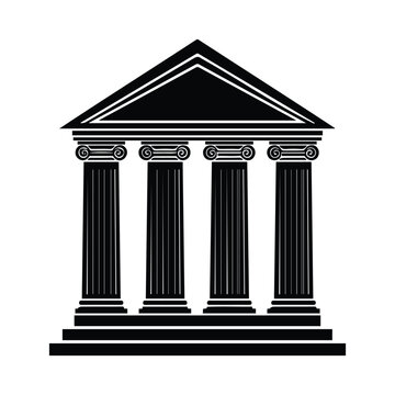 Classic greek temple vector silhouette illustration with columns and pediment, line art drawing.