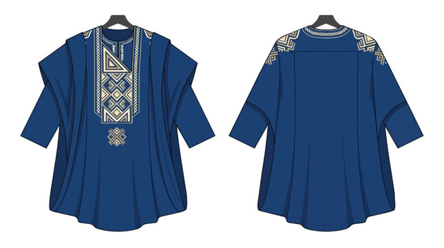 Traditional African Men Agbada Clothing with Detailed Intricate Geometric Embroidery Front and Back View
