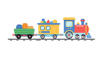 Cute cartoon toy train vector illustration featuring colorful locomotive passenger carriage and cargo wagon on tracks isolated on white background © Rinki