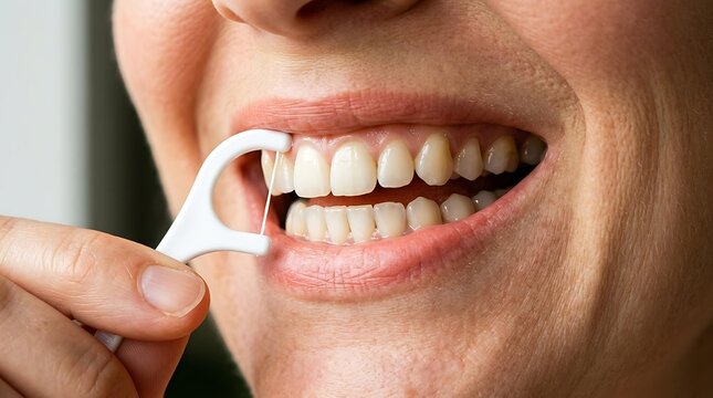 Woman using a floss pick for daily dental flossing at home, showing effective dental flossing technique for gum health and essential dental flossing for a white smile.