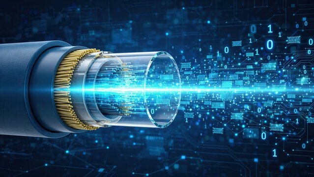 Fiber optic cable transmitting high speed digital data through a network connection.