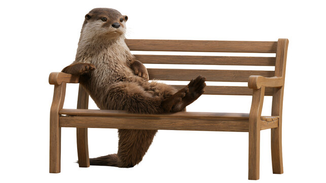 Cute otter relaxing on a wooden park bench isolated on white background