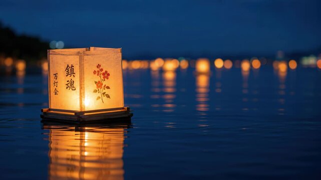 Floating lantern on dark water during obon festival, toro nagashi ritual at dusk, okuribi remembrance ceremony, glowing paper lamp reflection, japanese ancestral memorial tradition, lake