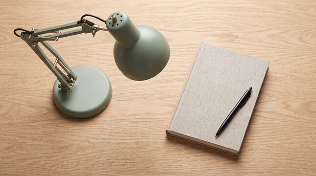 Desk lamp beside notebook on clean office desktop