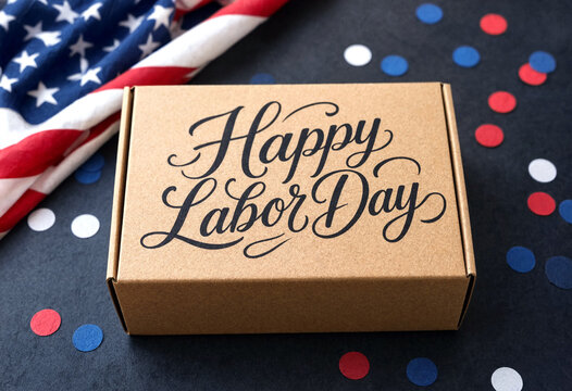 Happy labor day written on a cardboard box with american flag and colorful confetti celebration