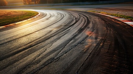 Fototapeta premium Racing track curve with tire tracks at sunset