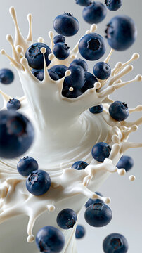 Fresh blueberries splashing into milk, healthy breakfast superfood concept