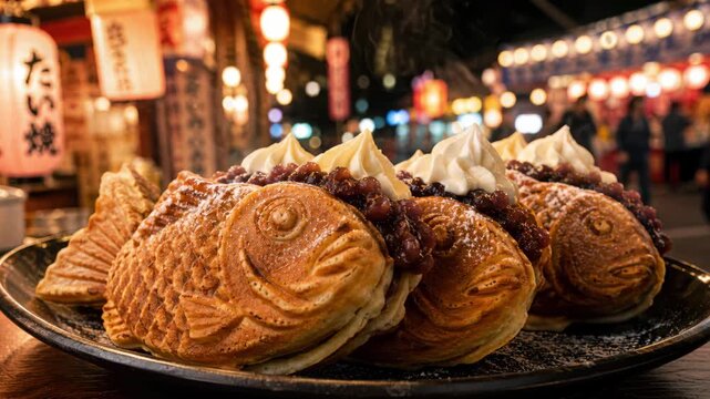 Fish shaped taiyaki cakes topped with sweet red bean paste and whipped cream served at lively Obon festival night market food stall