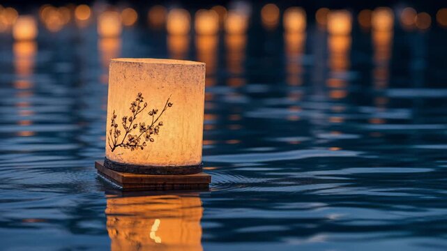 Glowing paper lantern floating on dark water during Toro Nagashi, Loy Krathong, Hungry Ghost Festival, Lantern Festival, or Obon ritual with candlelight reflection in spiritual farewell ceremony