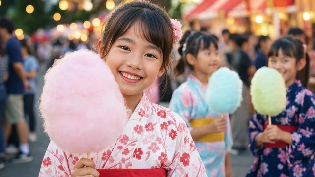 Japanese girls in festive yukata holding cotton candy during Natsu Matsuri, Obon, Tanabata, or Hanabi Taikai celebrations