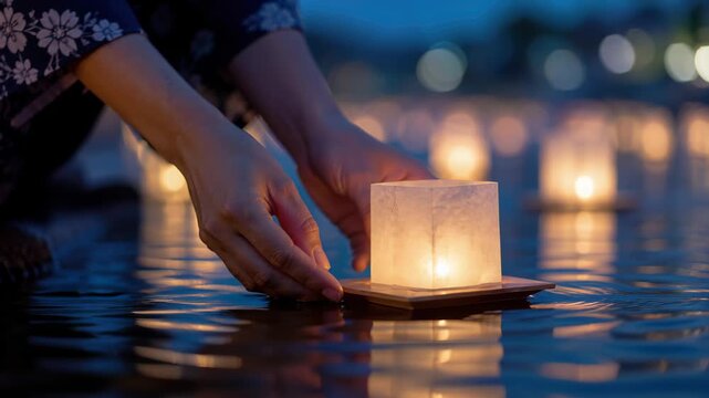 Hands releasing glowing paper lantern on water at dusk during Obon, Toro Nagashi, Loy Krathong, Hungry Ghost Festival, or Lantern Festival, okuribi ceremony with floating lights ancestral reflection