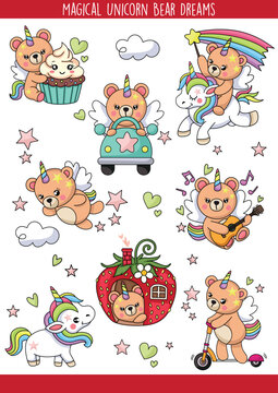 Cute Magical Unicorn Bear Dreams Illustration Set