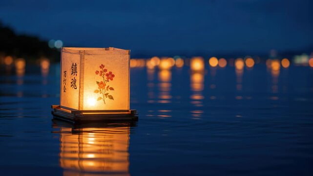 Glowing toro nagashi lantern floating on dark water at obon, bon festival okuribi remembrance, japanese summer ritual, ancestral spirits, candlelight reflection, evening river ceremony scene