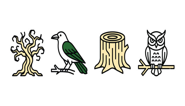 Halloween Dead Tree, Raven, Tree Stump and Owl Line Icons Set Outline Vector Collection