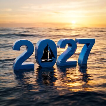 Blue 3D number 2027 with sailboat silhouette floating on ocean at golden hour sunset