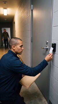 IT auditor checks server room card reader over the shoulder
