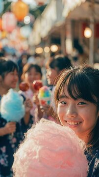 Children enjoying cotton candy at obon festival street market, glowing lanterns, yukata outfits, summer celebration, traditional sweets, family gathering, smiling faces, cultural holiday