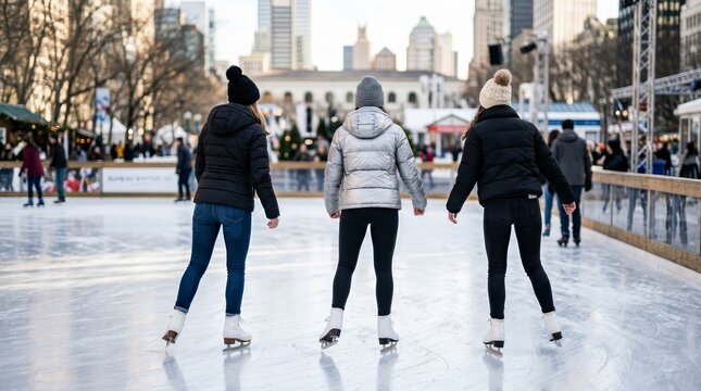 Three girlfriends ice skating together on an outdoor rink in a city park during winter.