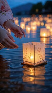 Floating lantern released on water during obon festival, toro nagashi ritual at dusk, okuribi remembrance ceremony, kimono hands placing glowing lamp, river reflections, memorial tradition