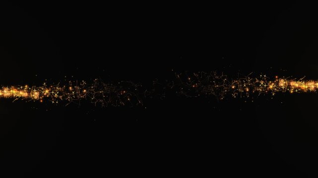 Animated golden glitter particles with glowing spiral light trail, sparkling fairy stars, abstract holiday shimmer effect, seamless black screen background for elegant 4k animation