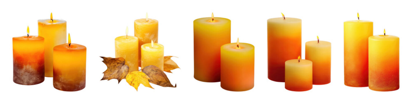 PNG Glowing autumn candle arrangements with warm golden ambiance on transparent background