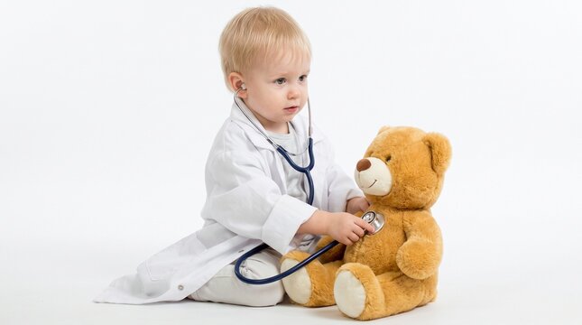 Education: Child explores medical role play by examining a teddy bear with a stethoscope