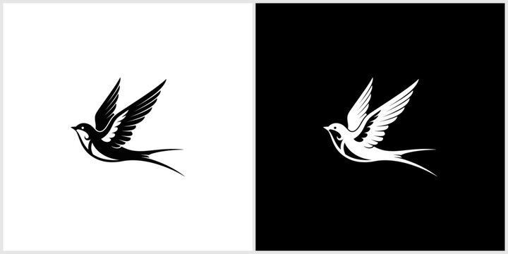 Stylized Flying Swallow Bird Logo Design in Black and White